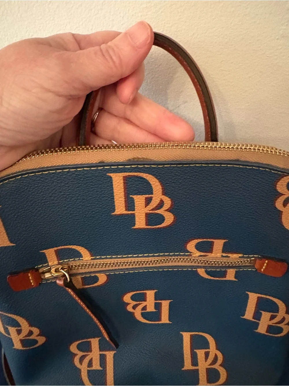 Dooney & Bourke Blue Backpack with Tan Monogram Accents w/ Dust Bag